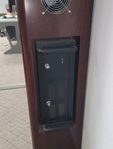 VIDEO WALL CABINET W/ (4) 55" NEC ULTRA-THIN MULLION LCD PANELS ON TOUCH-LATCH MOUNTS, COLOR: MAHOGANY-172