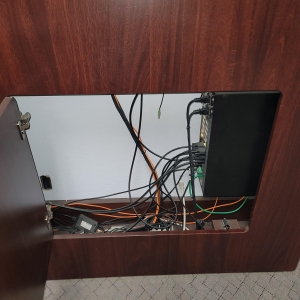 VIDEO WALL CABINET W/ (4) 55" NEC ULTRA-THIN MULLION LCD PANELS ON TOUCH-LATCH MOUNTS, COLOR: MAHOGANY-172