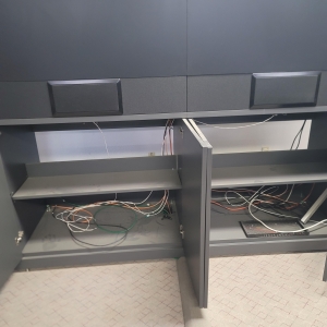 VIDEO WALL CABINET W/ (4) HIGH RESOLUTION 50" CLARITY VIDEO CUBES, SPEAKERS, COLOR: WROUGHT IRON-175