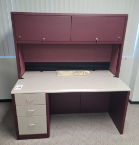 WORKSTATION W/ HUTCH & DRAWER PEDESTAL, COLOR: GRANITE & SANGRIA, DIM: 60"W X 30"D X 56"T-178