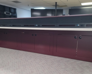 LINEAR CONSOLE CONFIGURATION W/ CHAMBERED SLATWALL, COLOR: GRANITE & SANGRIA, DIM: 144" X 36"-179