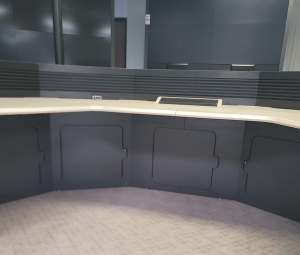 COCKPIT STYLE GULLWING CONSOLE CONFIGURATION W/ SLATWALLS AND PIE-SHAPED STORAGE TRANSITION, COLOR: GRANITE & WROUGHT IRON-180