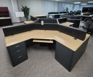 LOT - (4) L-SHAPE CONSOLE CONFIGURATIONS OF FOUR W/ SLATWALLS, STORAGE CABINETS, COLOR: ASH & WROUGHT IRON-181