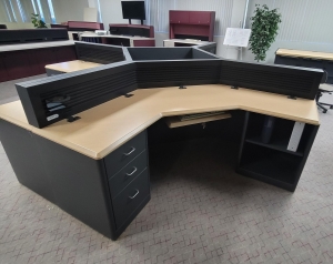 LOT - (4) L-SHAPE CONSOLE CONFIGURATIONS OF FOUR W/ SLATWALLS, STORAGE CABINETS, COLOR: ASH & WROUGHT IRON-181