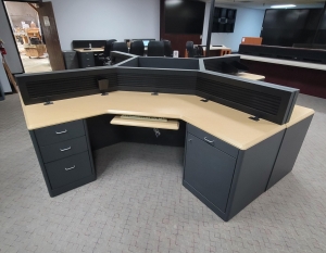 LOT - (4) L-SHAPE CONSOLE CONFIGURATIONS OF FOUR W/ SLATWALLS, STORAGE CABINETS, COLOR: ASH & WROUGHT IRON-181