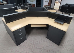 LOT - (4) L-SHAPE CONSOLE CONFIGURATIONS OF FOUR W/ SLATWALLS, STORAGE CABINETS, COLOR: ASH & WROUGHT IRON-181