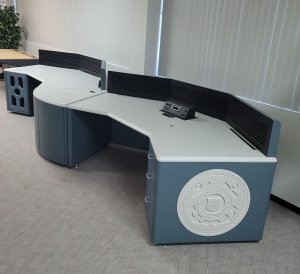 LOT - (2) COCKPIT STYLE GULLWING CONFIGURATIONS W/ HYDRAULIC LIFTING SYSTEM, SLATWALLS, CPU STORAGE, DRAWER PEDESTAL AND PIE-SHAPED TRANSITION, COLOR: GRANITE & STEEL BLUE-183