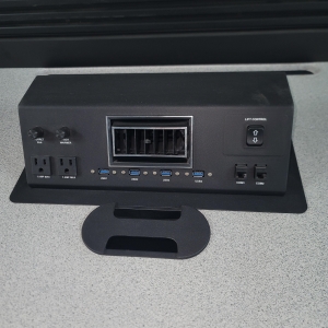 LOT - (2) COCKPIT STYLE GULLWING CONFIGURATIONS W/ HYDRAULIC LIFTING SYSTEM, SLATWALLS, CPU STORAGE, DRAWER PEDESTAL AND PIE-SHAPED TRANSITION, COLOR: GRANITE & STEEL BLUE-183