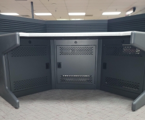 COCKPIT STYLE METAL BASE CONSOLE, SLATWALL, INTEGRATED CPU STORAGE, COLOR: GRANITE & WROUGHT IRON-184