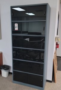 LOT - (2) TALL BOOKCASES W/ ACRYLIC SLIDING DOORS, COLOR: STEEL BLUE, DIM: 36"W X 16"D X 80"T-185