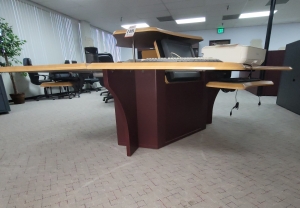 360 DEGREE CONSOLE CONFIGURATION W/ MONITOR FLIP PANELS, COLOR: ASH & SANGRIA-188