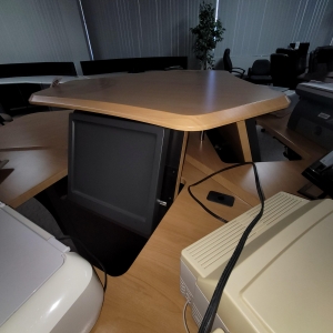 360 DEGREE CONSOLE CONFIGURATION W/ MONITOR FLIP PANELS, COLOR: ASH & SANGRIA-188