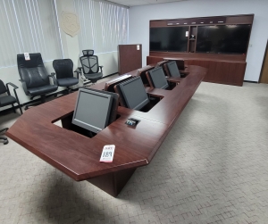 LOT - CONFERENCE ROOM GROUPING: CONFERENCE TABLE W/ FLIP-PANELS FOR MONITORS, AUDIO VIDEO CABINET W/ (2) 65" LCD SCREENS AND DIGITAL TIME ZONE CLOCK, FREESTANDING PODIUM, COLOR: MAHOGANY-189