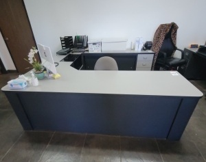 L-SHAPE LOBBY DESK W/ SOUND ENCLOSURE AND 3-DRAWER PEDESTAL, COLOR: CHARCOAL & GREY GRANITE TOP, DIM: 96"W X 54"D, CONTENTS NOT INCLUDED-200