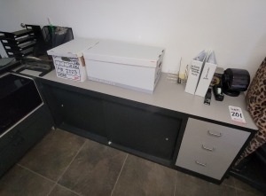 CREDENZA W/ DRAWER PEDESTAL AND SLIDING DOOR STORAGE, COLOR: CHARCOAL & GREY GRANITE TOP, DIM: 96"L X 18"D 30"T, CONTENTS NOT INCLUDED-201