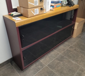 BOOKCASE W/ PLEXIGLAS SLIDING DOORS, COLOR: SANGRIA & TEAK, DIM: 72"L X 16"D X 39"T, CONTENTS NOT INCLUDED-207