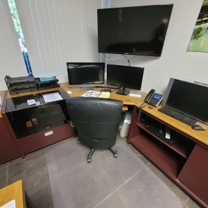 L-SHAPED WORK CENTER, CONSISTING OF: DIAGONAL MOTORIZED SIT/STAND DESK, 10' CREDENZA, SOUND ENCLOSURE CABINET, COLOR: SANGRIA & TEAK, DIM: 174" X 76", CONTENTS NOT INCLUDED-210