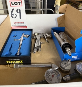 LOT - AIR TOOLS: TTC 1/4" DIE GRINDER, IWATA HP-C PLUS GRAVITY FED AIR BRUSH, AIR PRESSURE GAUGES, ANEST IWATA PAINT GUN-69