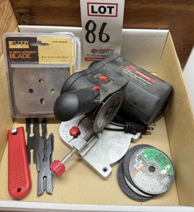 LOT - (1) DRILL MASTER 2" ABRASIVE CUT-OFF SAW (FITS 3" WHEELS ALSO) AND (2) 4" FLOOR SCRAPER BLADES-86