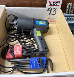LOT - CHICAGO ELECTRIC 12 VOLT 1/2" DRIVE IMPACT WRENCH, HAAS STANDARD AND METRIC HEX WRENCHES AND DRILL BIT INDEX-93