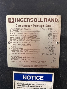 INGERSOLL RAND 10 HP AIR COMPRESSOR, MODEL SSR-EP10, 35 CFM, 125 PSIG OPERATING PRESSURE, S/N LX0114U97330-105