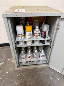 SPRAY PAINT CABINET, 24+ CAN CAPACITY, 18" X 18" X 26" HT, SOLD W/ CONTENTS-146