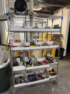WIRE RACK ON CASTERS, 4' X 18" X 77" HT, CONTENTS NOT INCLUDED, (DELAYED PICKUP UNTIL MONDAY, JUNE 22)-172