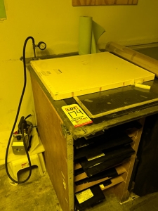 VACUUM TABLE W/ VACUUM PUMP AND WALL MOUNT QUARTZ STUDIO LIGHT, TABLE IS 64" X 38"-174