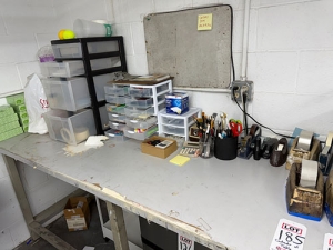 LOT - CONTENTS ONLY OF ITEMS ON TOP OF TABLE, TO INCLUDE: OFFICE/SHIPPING SUPPLIES, PLASTIC PARTS ORGANIZERS, FACIAL TISSUE-185