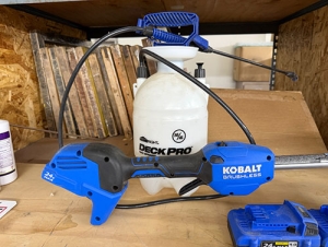 LOT -KOBALT CORDLESS 24V WEEDWHACKER AND LEAF BLOWER, W/ (2) 24V RECHARGEABLE BATTERIES AND 1-GAL TANK SPRAYER-203