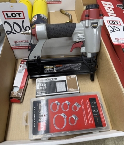 LOT - CENTRAL PNEUMATIC 18 GAUGE 2-IN-1 AIR NAILER/STAPLER, W/ (2) BOXES OF BRAD NAILS AND HOSE CLAMP ASSORTMENT-206