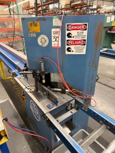 CTD N90 NOTCHING DOUBLE MITRE SAW, S/N 418, W/ INFEED AND OUTFEED TABLES-30