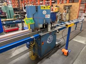 CTD N90 NOTCHING DOUBLE MITRE SAW, S/N 418, W/ INFEED AND OUTFEED TABLES-30