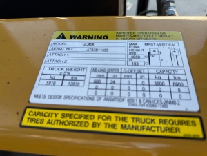 2023 CATERPILLAR LPG FORKLIFT, MODEL GC40K, 8,000 LB CAPACITY, 3-STAGE MAST, SIDE SHIFT, 8' FORKS, SOLID CUSHION TIRES, LOAD LIGHTS, REARVIEW MIRRORS, CLEARCAP RAINCAP, APPROX. 498 HOURS, S/N AT87B11599-63