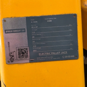 APOLLO FORKLIFT ELECTRIC PALLET JACK, MODEL A-1034, 3,300 LB CAPACITY-66