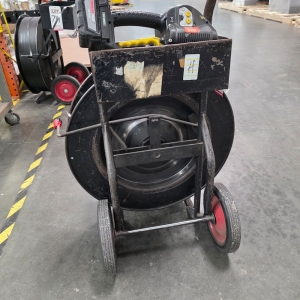 LOT - BANDING CART W/ 1/2" POLY BANDING, W/ FROMM 18 VOLT RECHARGEABLE PLASTIC STRAPPING TOOL, MODEL P328-75