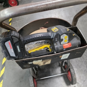 LOT - BANDING CART W/ 1/2" POLY BANDING, W/ FROMM 18 VOLT RECHARGEABLE PLASTIC STRAPPING TOOL, MODEL P328-75
