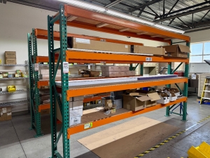 LOT - (1) SECTION OF HEAVY DUTY SHELVING, 12' BEAMS, 2' X 8' UPRIGHTS, PLYWOOD DECKING, CONTENTS NOT INCLUDED-145