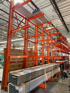 LOT - (3) 17' CANTILEVER MATERIAL RACKS W/ CROSS BRACING, 4' ARMS, 16' TOTAL HT, CONTENTS NOT INCLUDED-152