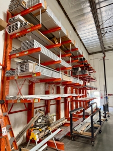 LOT - (3) 17' CANTILEVER MATERIAL RACKS W/ CROSS BRACING, 4' ARMS, 16' TOTAL HT, CONTENTS NOT INCLUDED-153