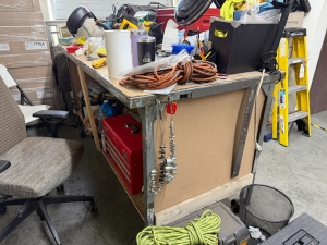 STEEL TABLE ON CASTERS, 6' X 3' X 41" TOP HT, CONTENTS NOT INCLUDED-189