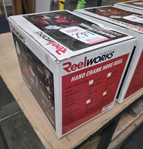 REELWORKS HAND CRANK HOSE REEL, MODEL L201303, IN BOX W/ ORIGINAL PACKING, FOR 100' OF 3/8" AIR HOSE-294