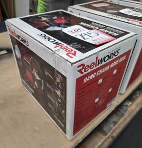 REELWORKS HAND CRANK HOSE REEL, MODEL L201303, IN BOX W/ ORIGINAL PACKING, FOR 100' OF 3/8" AIR HOSE-295