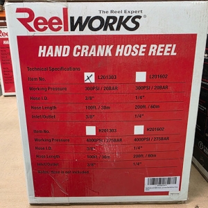 REELWORKS HAND CRANK HOSE REEL, MODEL L201303, IN BOX W/ ORIGINAL PACKING, FOR 100' OF 3/8" AIR HOSE-295