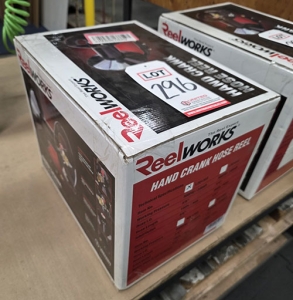 REELWORKS HAND CRANK HOSE REEL, MODEL L201303, IN BOX W/ ORIGINAL PACKING, FOR 100' OF 3/8" AIR HOSE-296