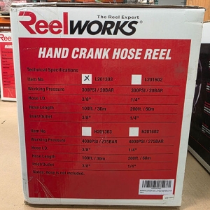 REELWORKS HAND CRANK HOSE REEL, MODEL L201303, IN BOX W/ ORIGINAL PACKING, FOR 100' OF 3/8" AIR HOSE-296