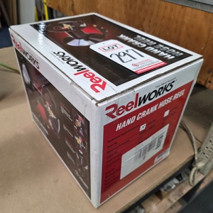 REELWORKS HAND CRANK HOSE REEL, MODEL L201303, IN BOX W/ ORIGINAL PACKING, FOR 100' OF 3/8" AIR HOSE-297