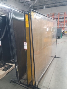 LOT - (5) METAL FRAMED WELDING CURTAINS: (2) YELLOW, (2) CLEAR, (1) BLACK-469