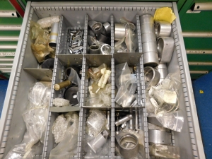 DOUBLE-SIDED ISLAND AREA: 5'X16'X8'! HIGHLIGHTS: GREEN OKUMA PARTS CABINET ENDCAP! (2) 7'X2'X8' SHELF UNITS FULL OF ASSORTED PARTS & PIECES: VARIOUS DIAMETERS OF SOFT COPPER PIPE ROLLS, BIG MACHINE DRIVE SCREWS, WELDING REGULATORS, 6 LISTA CABINETS, 28"X28"X60" & 2 STANLEY VIDMAR 30"X28"X66"CABINETS FULL OF ALL TYPES/SIZES OF BEARINGS, BAND HEATERS, VARIOUS SIZES OF LINK BELT CHAIN LENGTHS, SCHRADER BELLOWS PARTS, ELECTRONIC PARTS, CIRCUIT BOARDS, SELF FEED PARTS/TOOLS, RUBBER DRIVE BELTS, HOLE SAVERS,MOKON PARTS, SANDBLAST PARTS, LATHE PARTS, AIR LINE REGULATORS/LUBRICATORS, LIGHT BULBS, WELDING ACCESSORIES, ETC. - TOO MUCH TO LIST - COME SEE IT ALL, OR VIEW PHOTOS!-351