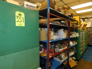 DOUBLE-SIDED ISLAND AREA: 5'X16'X8'! HIGHLIGHTS: GREEN OKUMA PARTS CABINET ENDCAP! (2) 7'X2'X8' SHELF UNITS FULL OF ASSORTED PARTS & PIECES: VARIOUS DIAMETERS OF SOFT COPPER PIPE ROLLS, BIG MACHINE DRIVE SCREWS, WELDING REGULATORS, 6 LISTA CABINETS, 28"X28"X60" & 2 STANLEY VIDMAR 30"X28"X66"CABINETS FULL OF ALL TYPES/SIZES OF BEARINGS, BAND HEATERS, VARIOUS SIZES OF LINK BELT CHAIN LENGTHS, SCHRADER BELLOWS PARTS, ELECTRONIC PARTS, CIRCUIT BOARDS, SELF FEED PARTS/TOOLS, RUBBER DRIVE BELTS, HOLE SAVERS,MOKON PARTS, SANDBLAST PARTS, LATHE PARTS, AIR LINE REGULATORS/LUBRICATORS, LIGHT BULBS, WELDING ACCESSORIES, ETC. - TOO MUCH TO LIST - COME SEE IT ALL, OR VIEW PHOTOS!-351